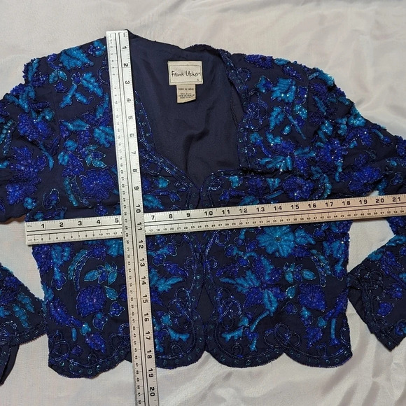 Vintage Frank Usher  Blue 100% Silk Hand Beaded Blazer Jacket Small Grandmacore - Picture 3 of 13